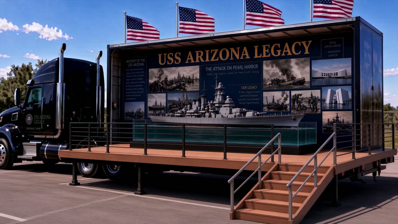 Mobile USS Arizona Legacy exhibit: black semi-trailer opened as a wooden-deck stage with the replica floating in a water tank.