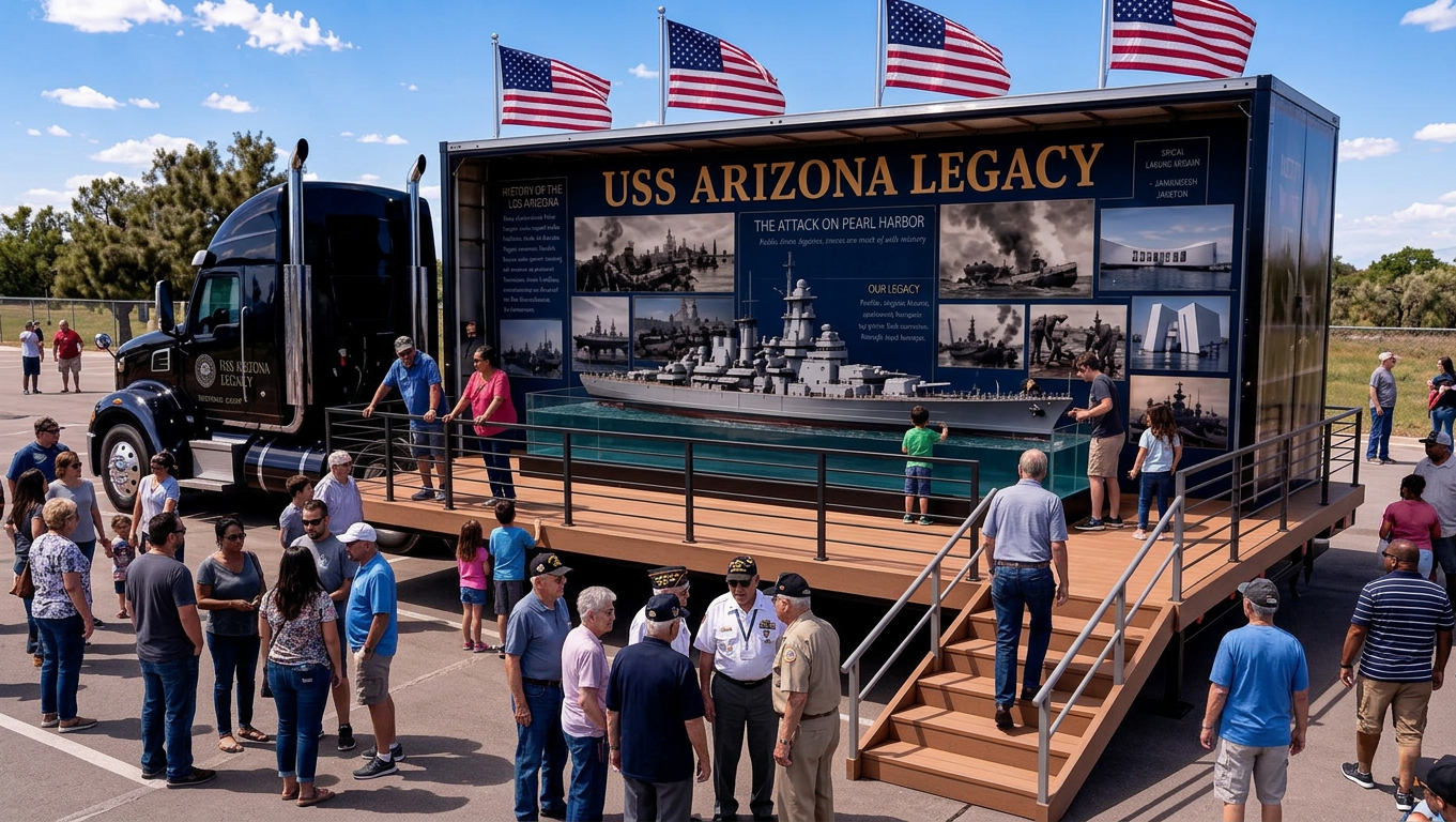 The USS Arizona Legacy exhibit trailer with the replica ship on display.