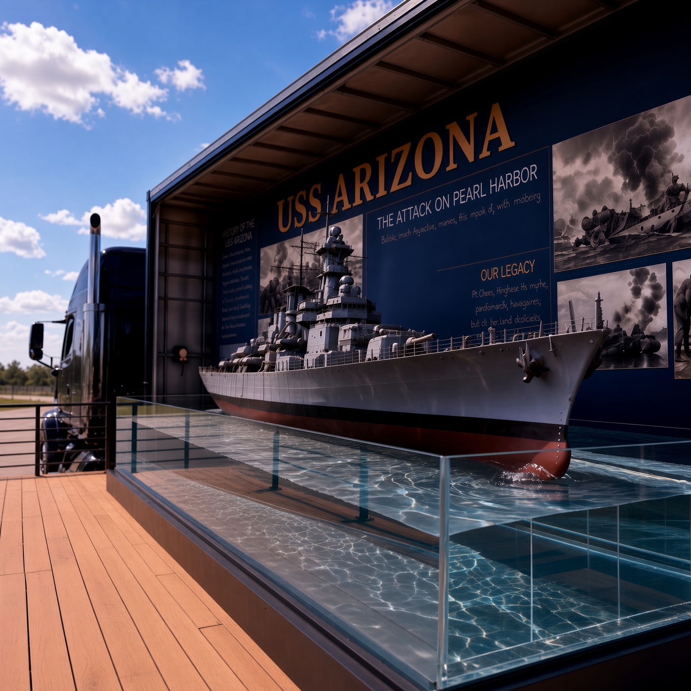 The USS Arizona replica floating in a water tank inside the open-sided exhibit trailer.